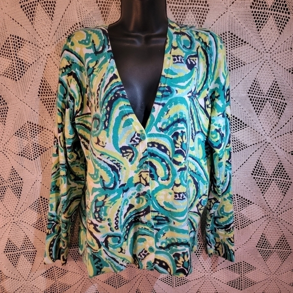 Merona size XL button up sweater.  Green, yellow, black and white - Picture 1 of 10